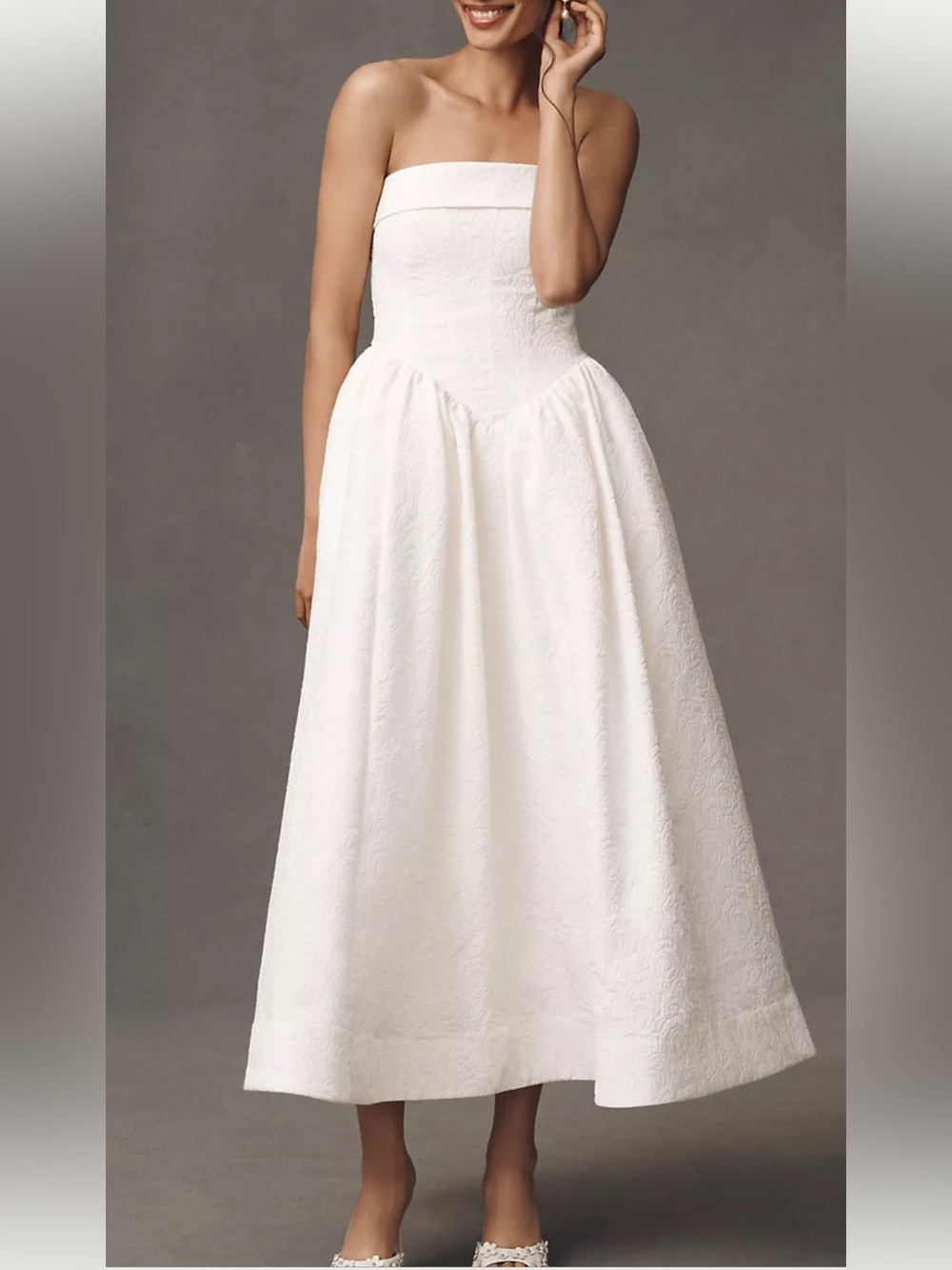 BHLDN Strapless White Jacquard A-Line Dress - Picture 1 of 7